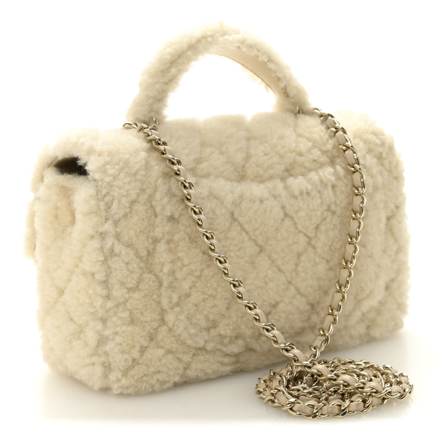 Shearling Quilted Mini Top Handle Rectangular Flap Ecru