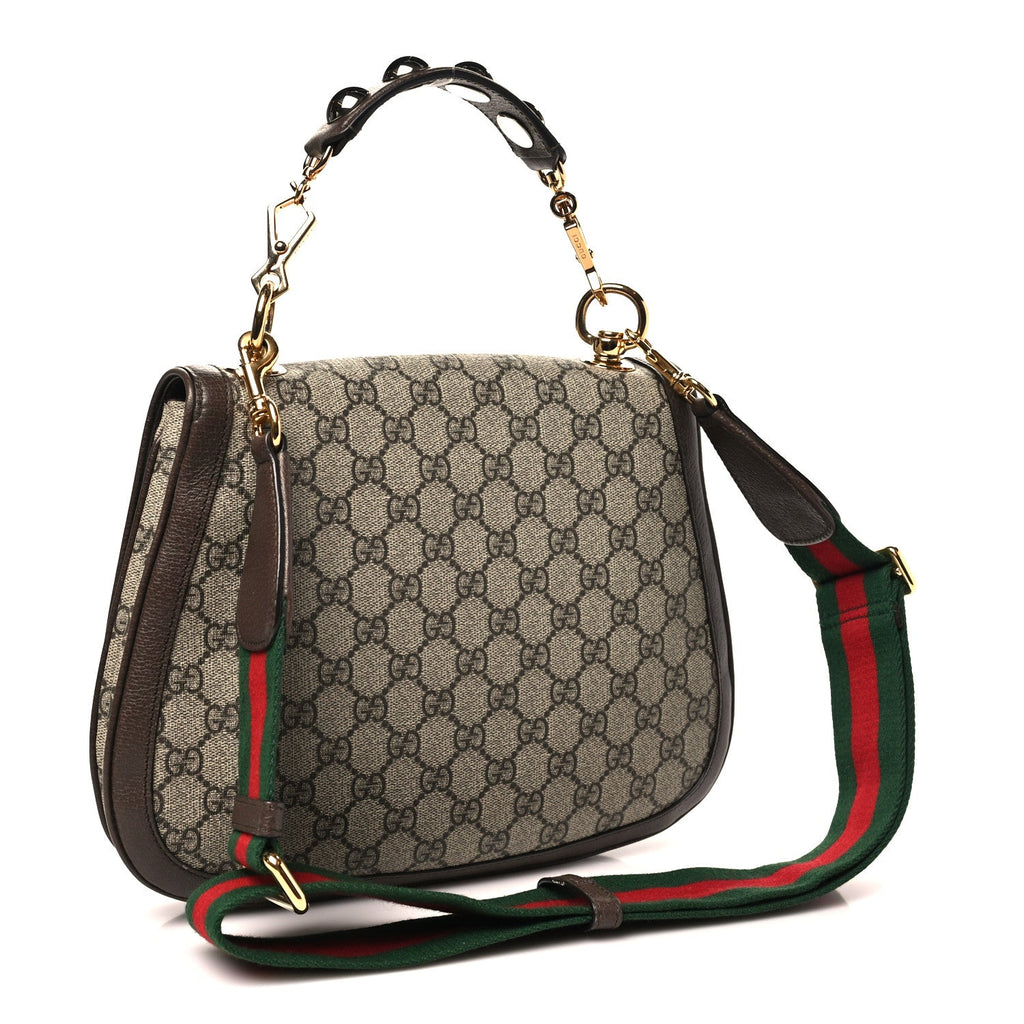 GG Supreme Monogram Textured Dollar Calfskin Web Medium Blondie Top Handle Shoulder Flap Bag Beige Ebony New Acero