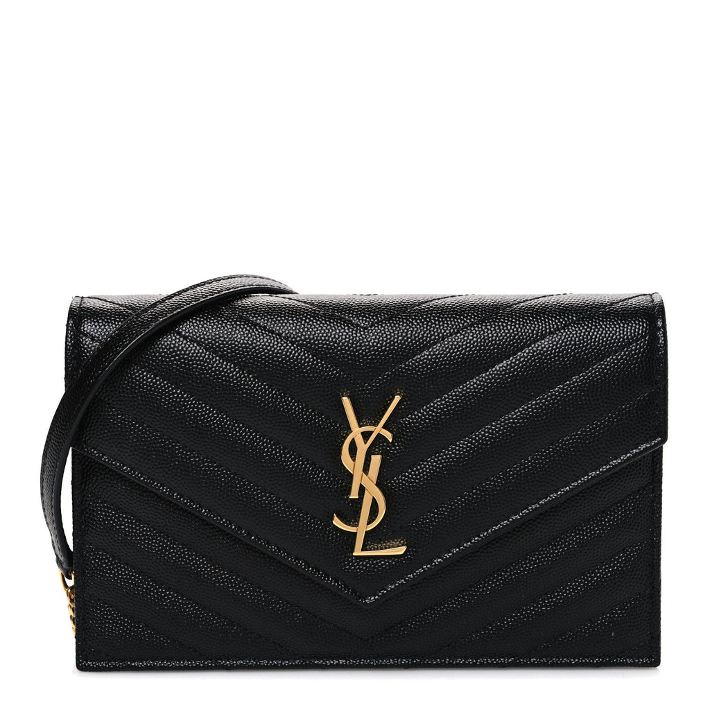 Grain De Poudre Matelasse Chevron Monogram Envelope Chain Wallet Black