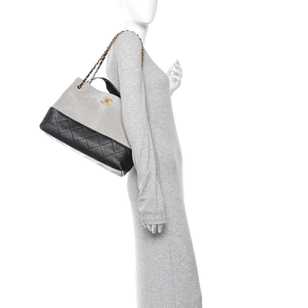 Suede Calfskin Shiny Lambskin Quilted Small Coco Base Shopping Bag Grey Black