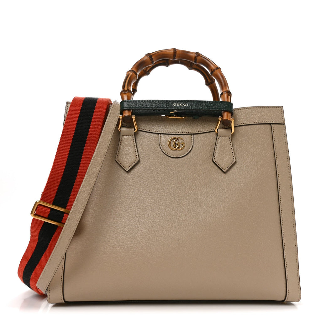 Textured Dollar Calfskin Web Medium Diana Tote Bag Oatmeal Vintage Green