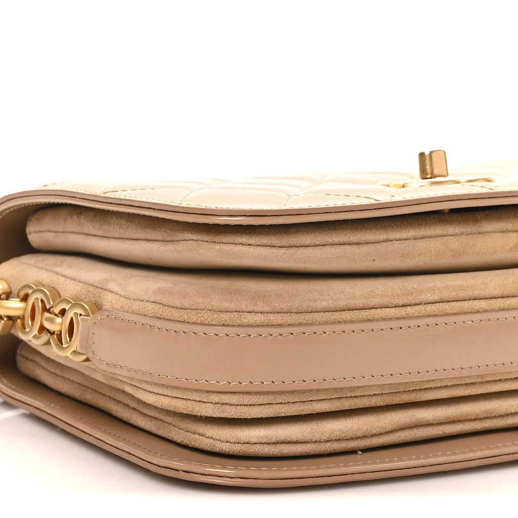 Shiny Calfskin Quilted Suede Goatskin Messenger Beige