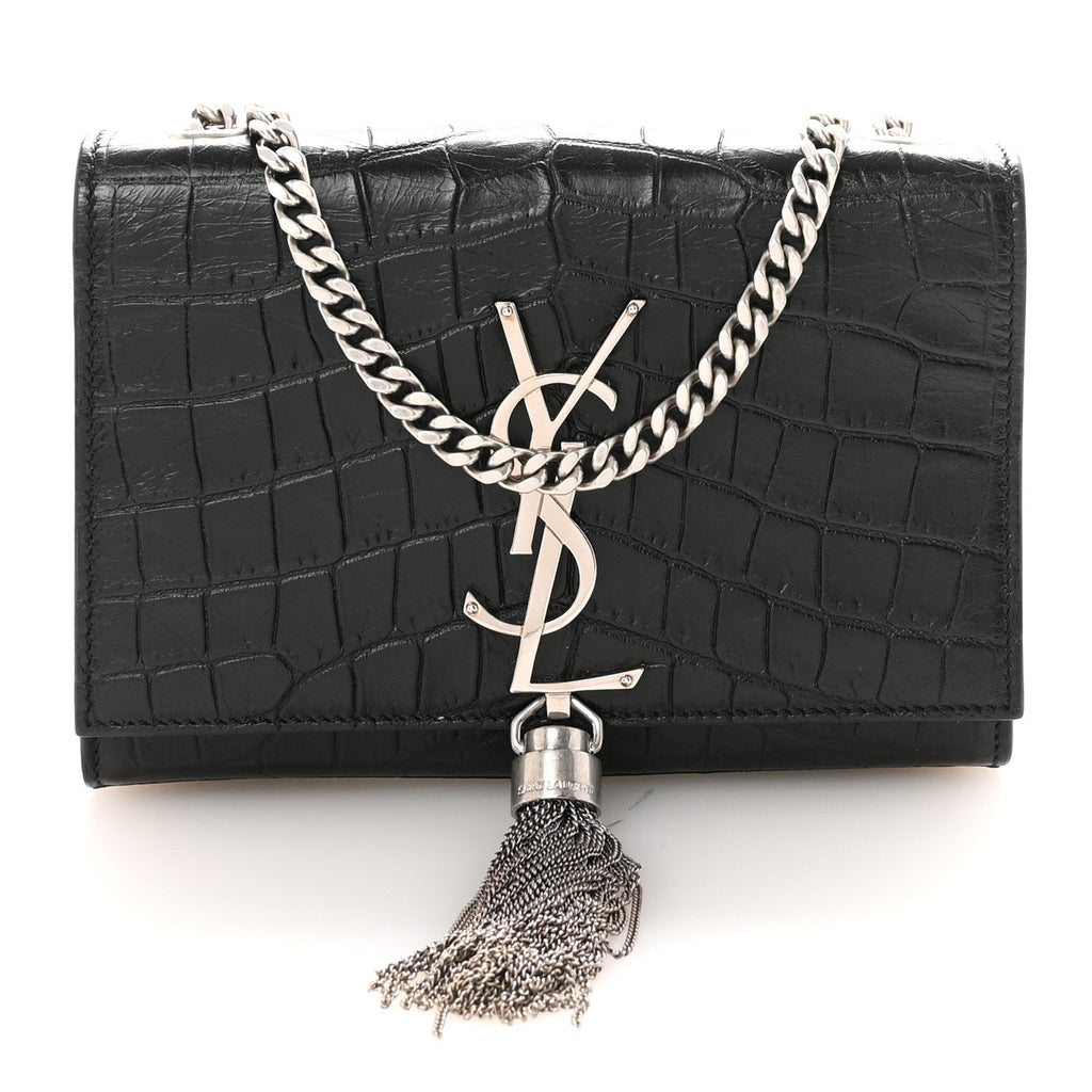 Calfskin Crocodile Embossed Small Classic Monogram Kate Tassel Satchel Black