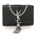 Calfskin Crocodile Embossed Small Classic Monogram Kate Tassel Satchel Black