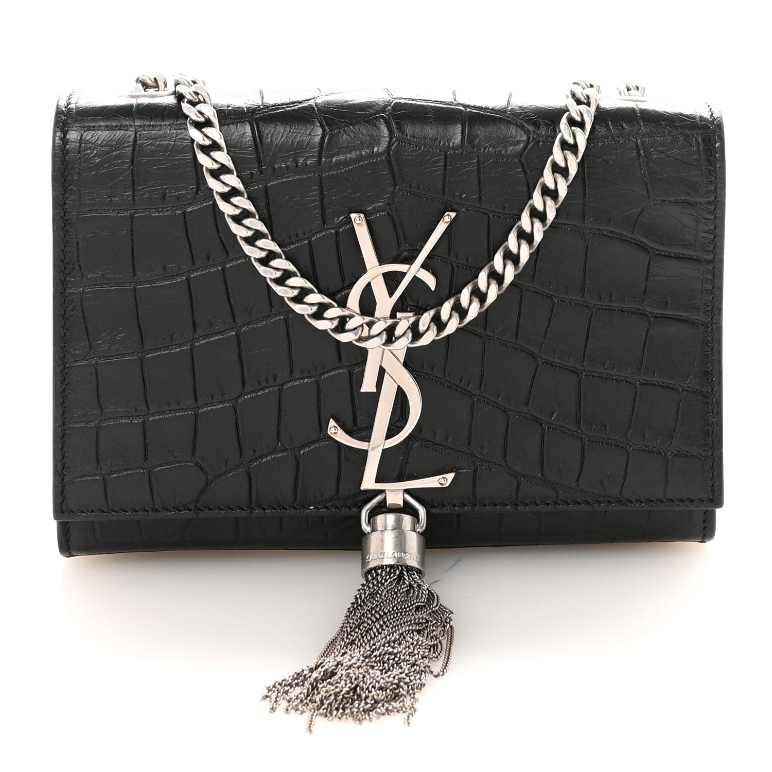 Calfskin Crocodile Embossed Small Classic Monogram Kate Tassel Satchel Black