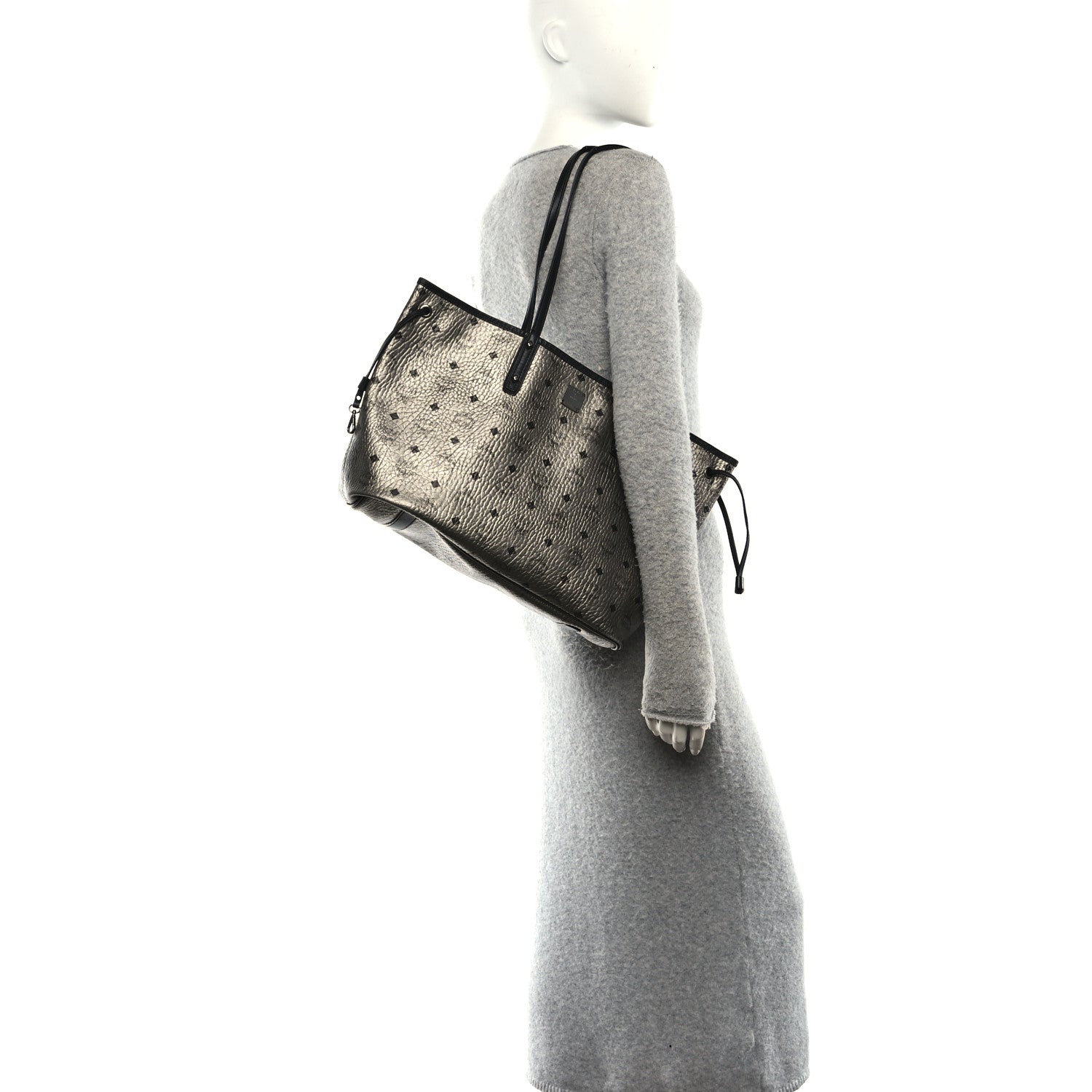 Metallic Visetos Medium Reversible Shopper Tote Silver Black