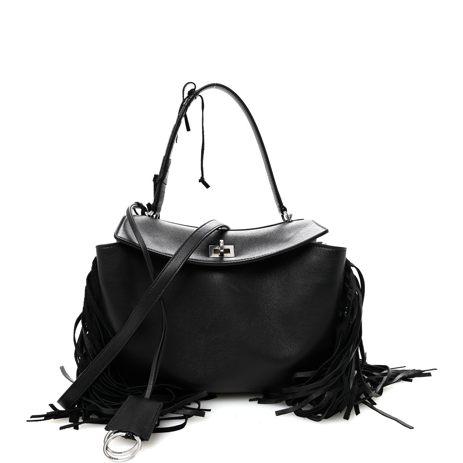 Natural Smooth Madeline Calfskin Fringes Small Rodeo Top Handle Handbag Black