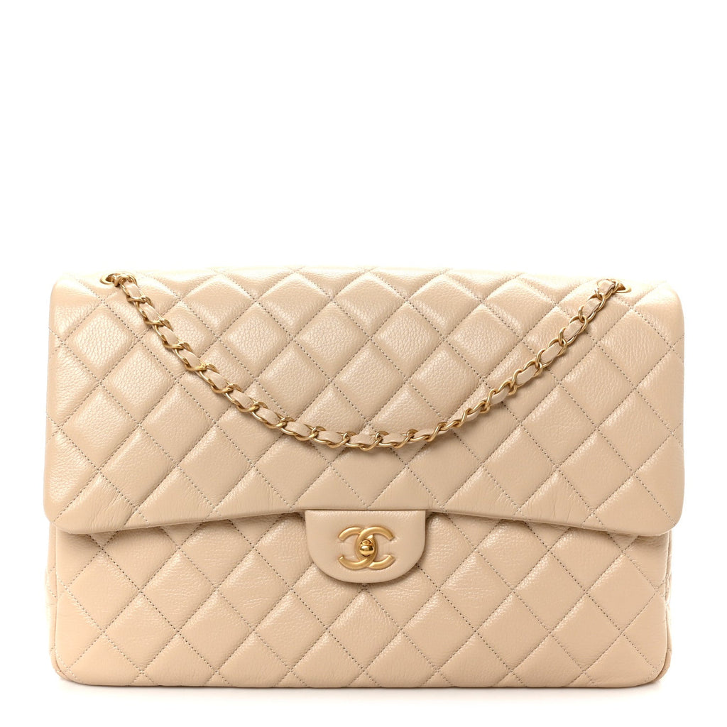 Grained Calfskin Quilted XXL Travel Flap Bag Beige