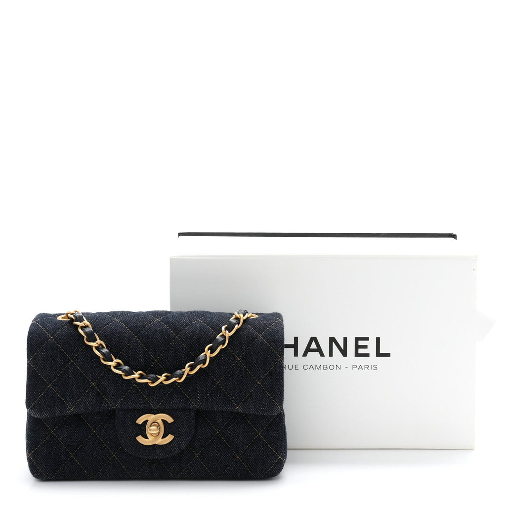 Denim Quilted Mini Rectangular Flap Dark Blue