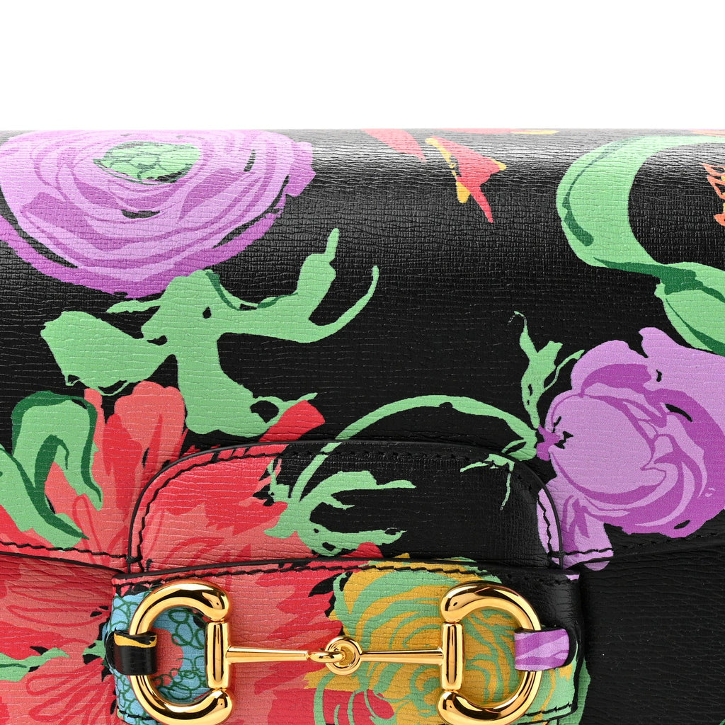 X KEN SCOTT New Shangai Calfskin Jenny Floral Print Horsebit 1955 Shoulder Bag Black Pink