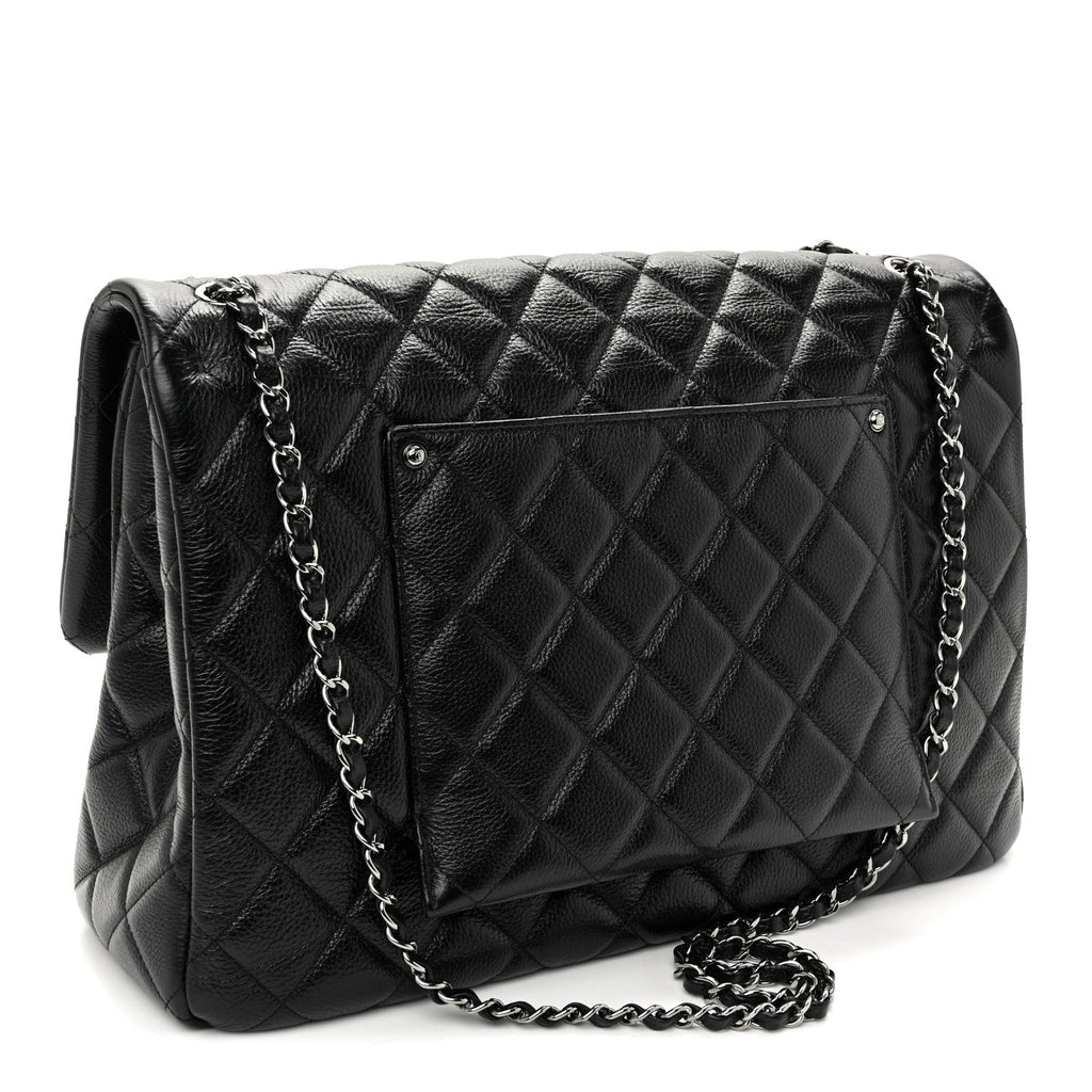Grained Calfskin Quilted XXL Travel Flap Bag Black