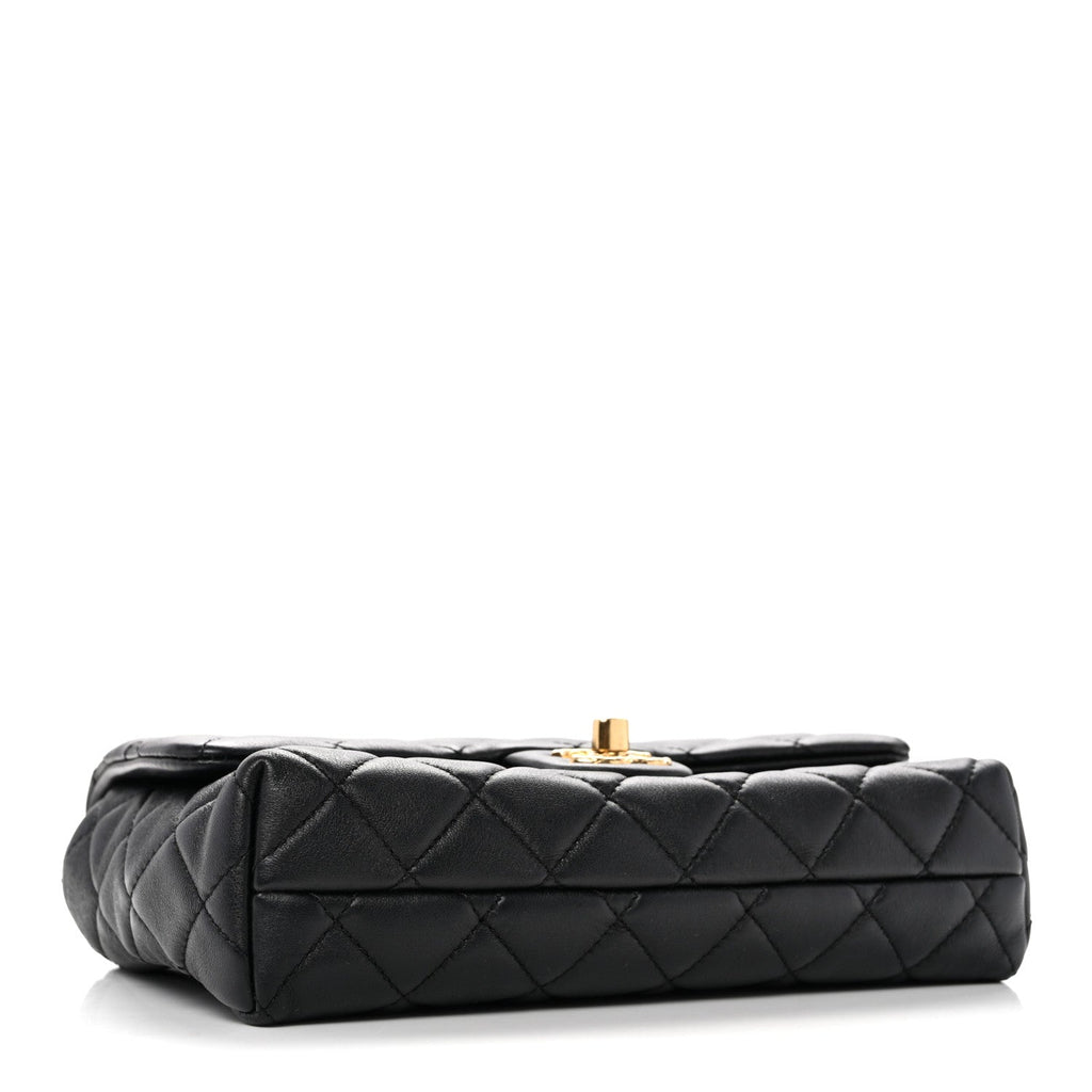 Lambskin Quilted Mini Quilted Handle Crush Flap Black