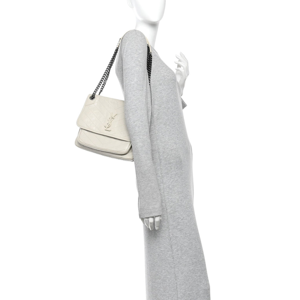 Crinkled Calfskin Matelasse Monogram Medium Niki Chain Satchel Crema Soft