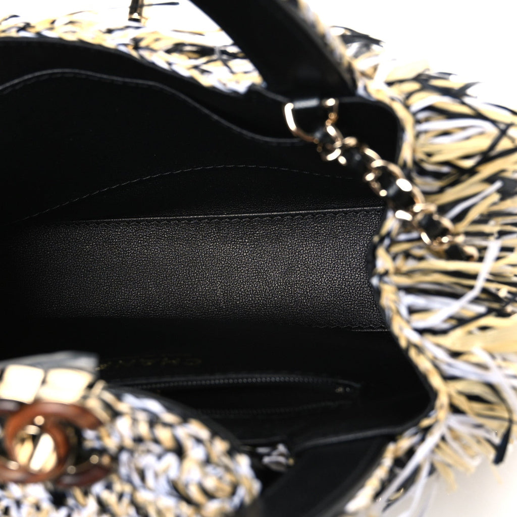 Raffia Fringe Nano Kelly Shopper Yellow Black White