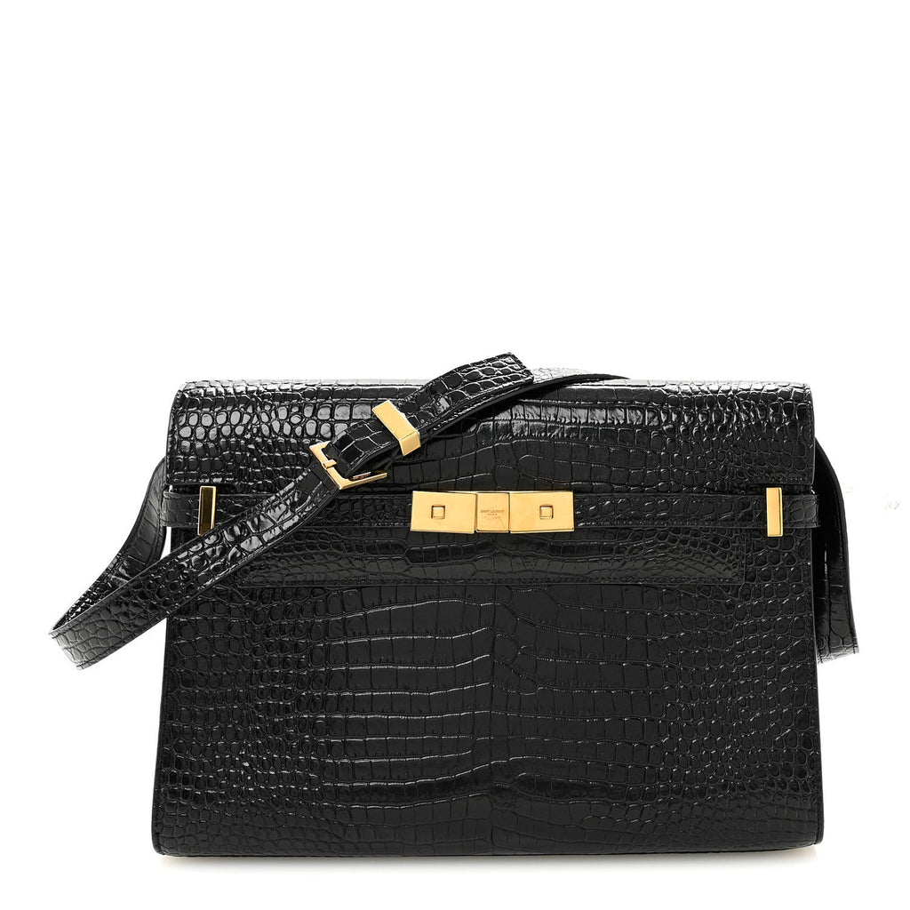 Shiny Calfskin Crocodile Embossed Manhattan Baguette Black