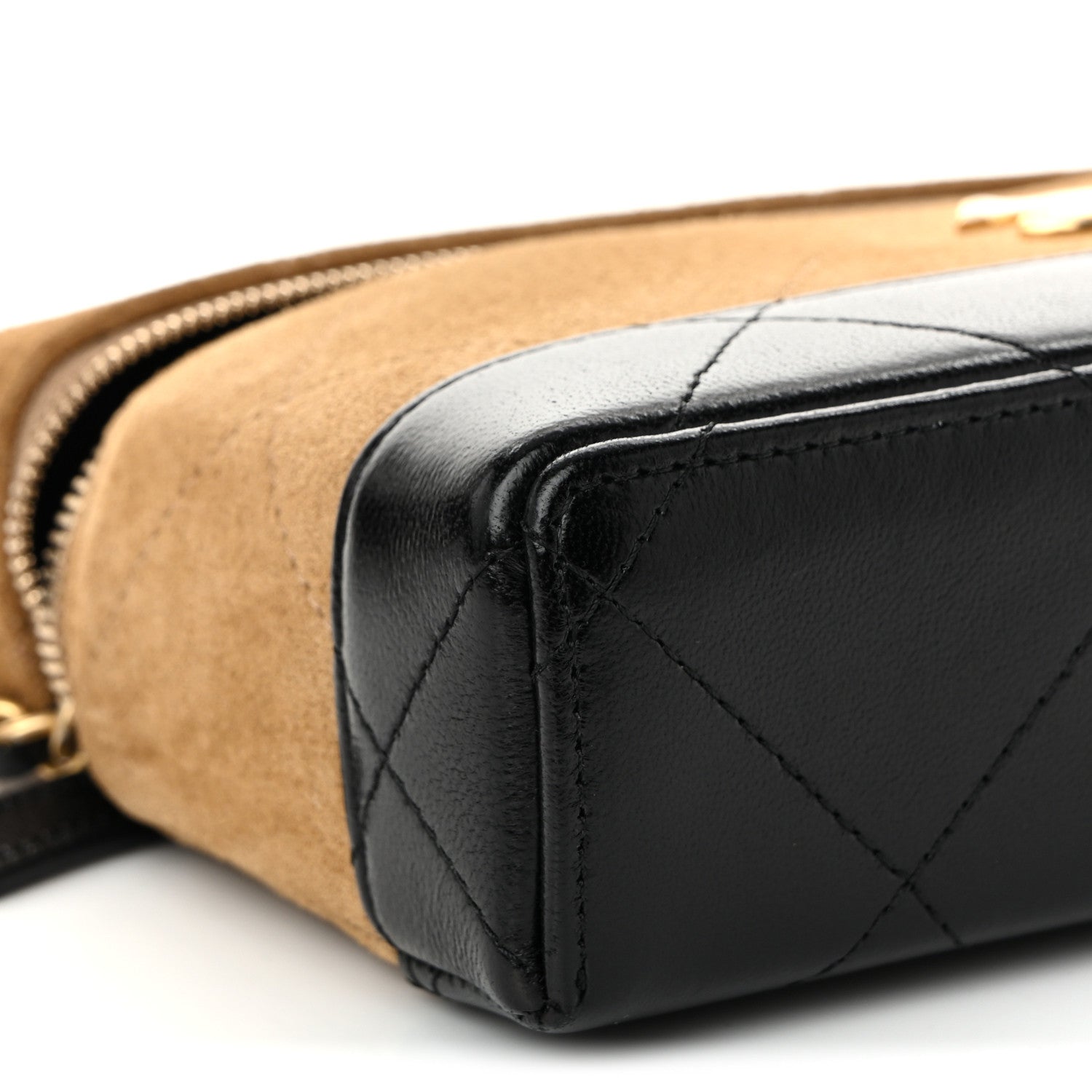 Suede Calfskin Shiny Lambskin Quilted Top Handle Slim Vanity Case With Chain Beige Black