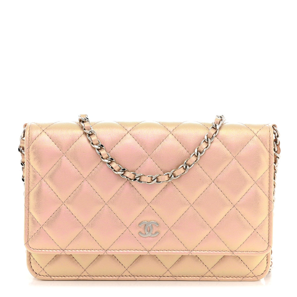 Iridescent Calfskin Quilted Wallet On Chain WOC Pink