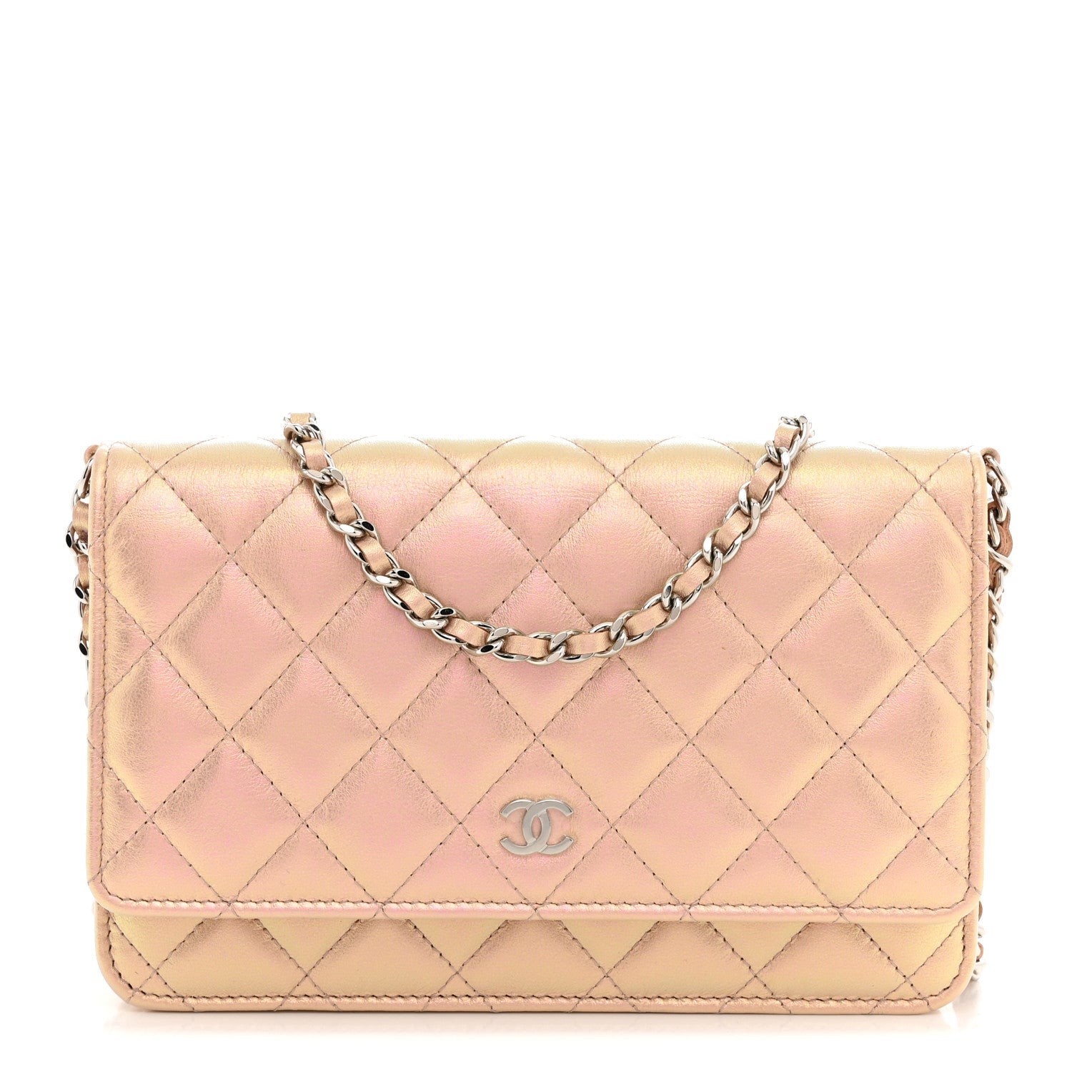 Iridescent Calfskin Quilted Wallet On Chain WOC Pink