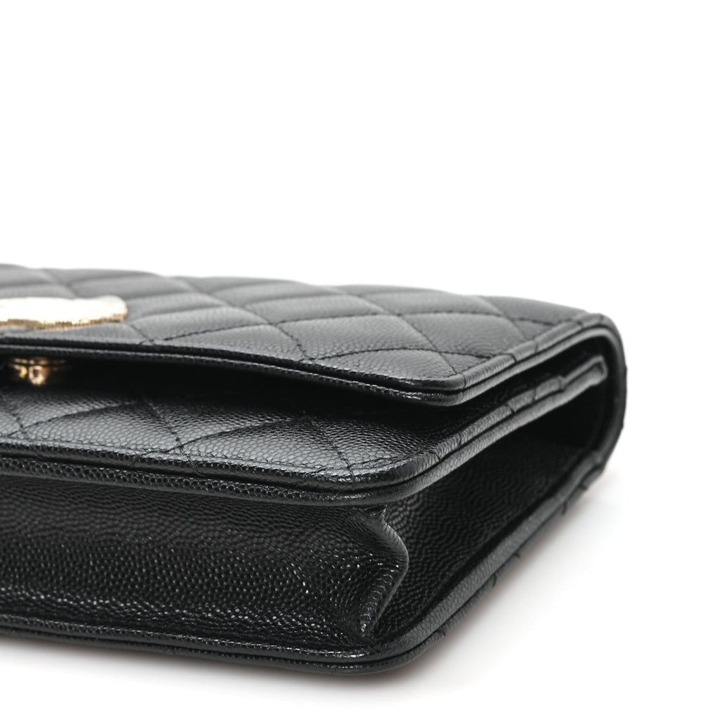 Caviar Quilted Crystal Heart CC Wallet On Chain WOC Black