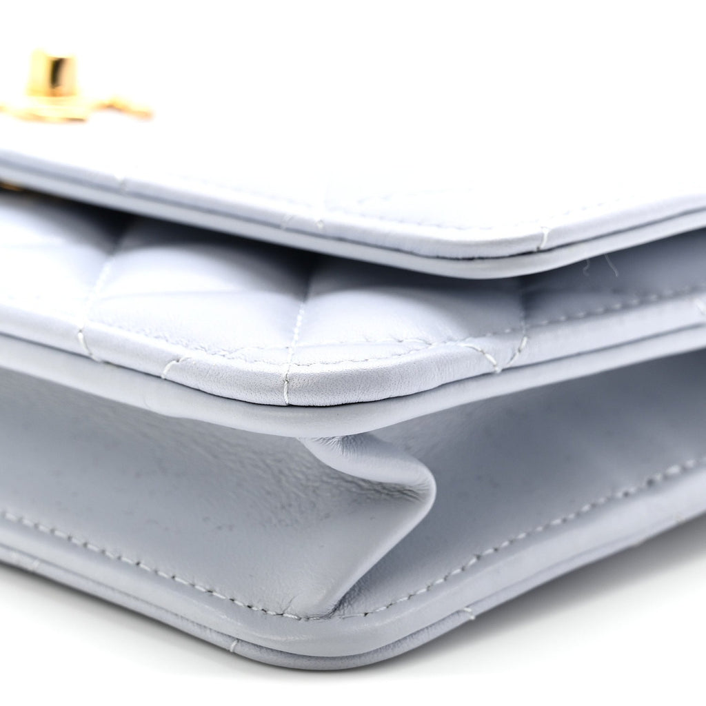 Lambskin Quilted Hearts CC Wallet On Chain WOC Light Blue
