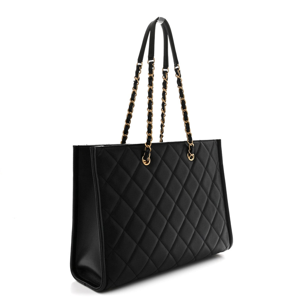 Caviar Quilted Chain Large Shopping Tote With Coin Purse Black