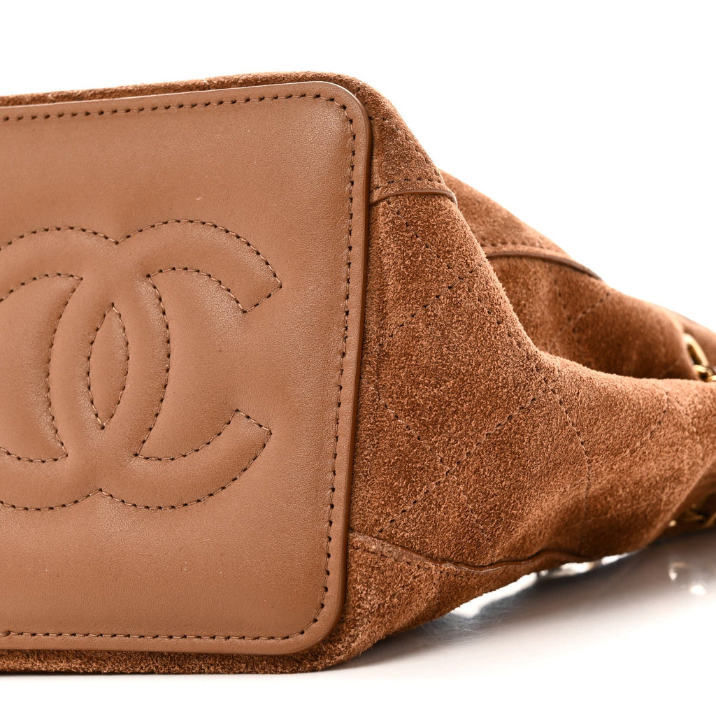 Suede Quilted Bucket Bag With Chain Camel