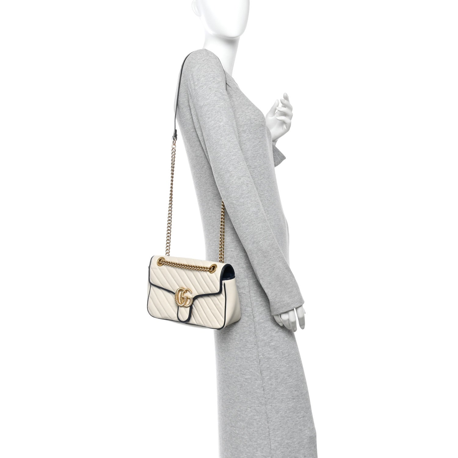 Vintage Effect Calfskin Matelasse Diagonal Small Torchon GG Marmont Shoulder Bag Mystic White Blue Agata
