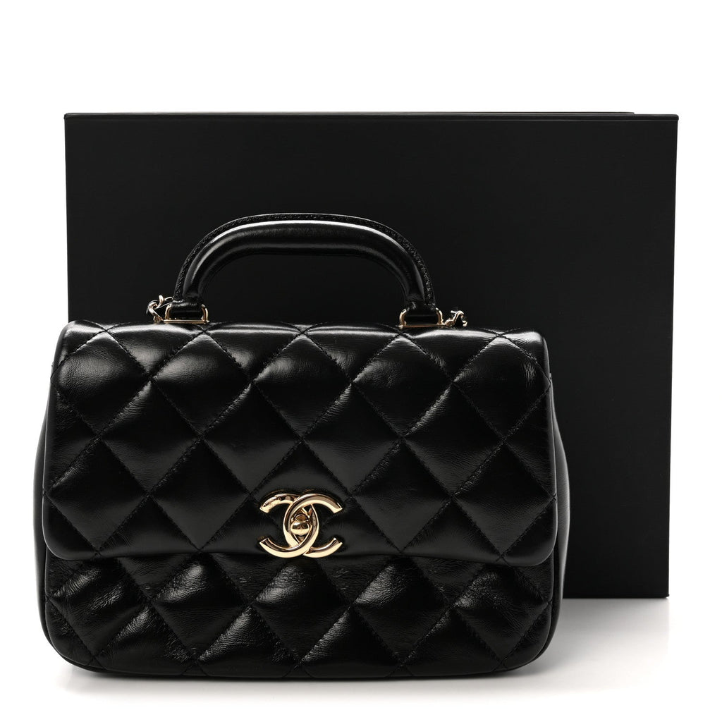 Shiny Lambskin Quilted Coco Trip Flap Bag Black