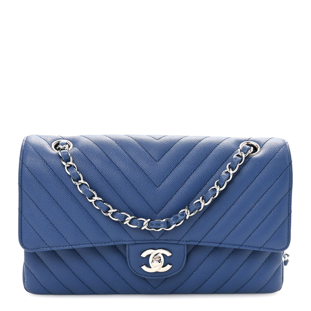 Caviar Chevron Quilted Medium Double Flap Blue