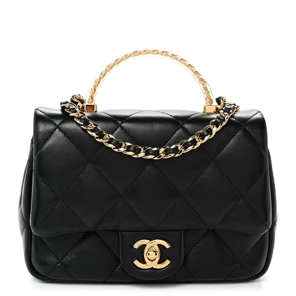 Lambskin Resin Quilted Top Handle Flap Black