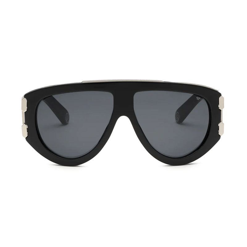 Philipp Plein Sunglasses Shield Full Rim, Shiny Black Frame and Grey Silver Lens SPP127M700G