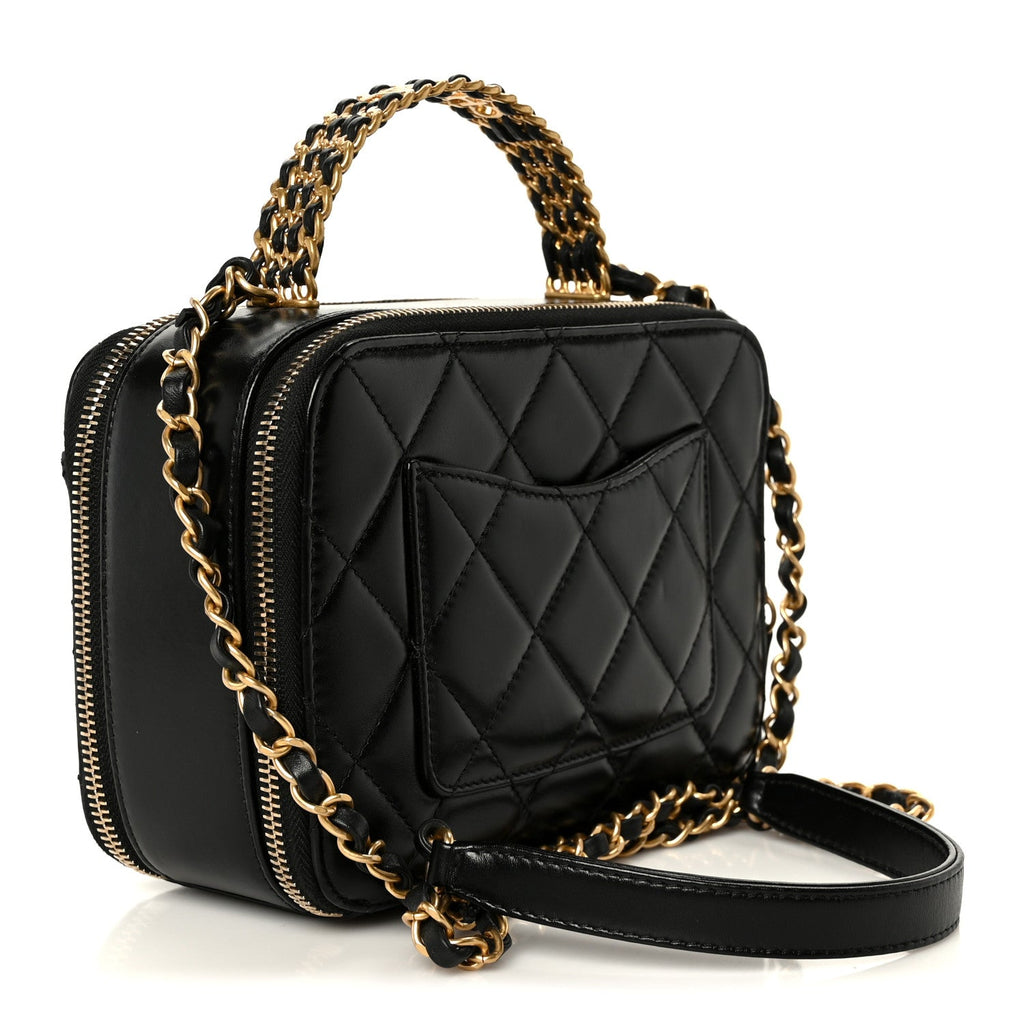 Shiny Calfskin Quilted Top Handle Vanity Black