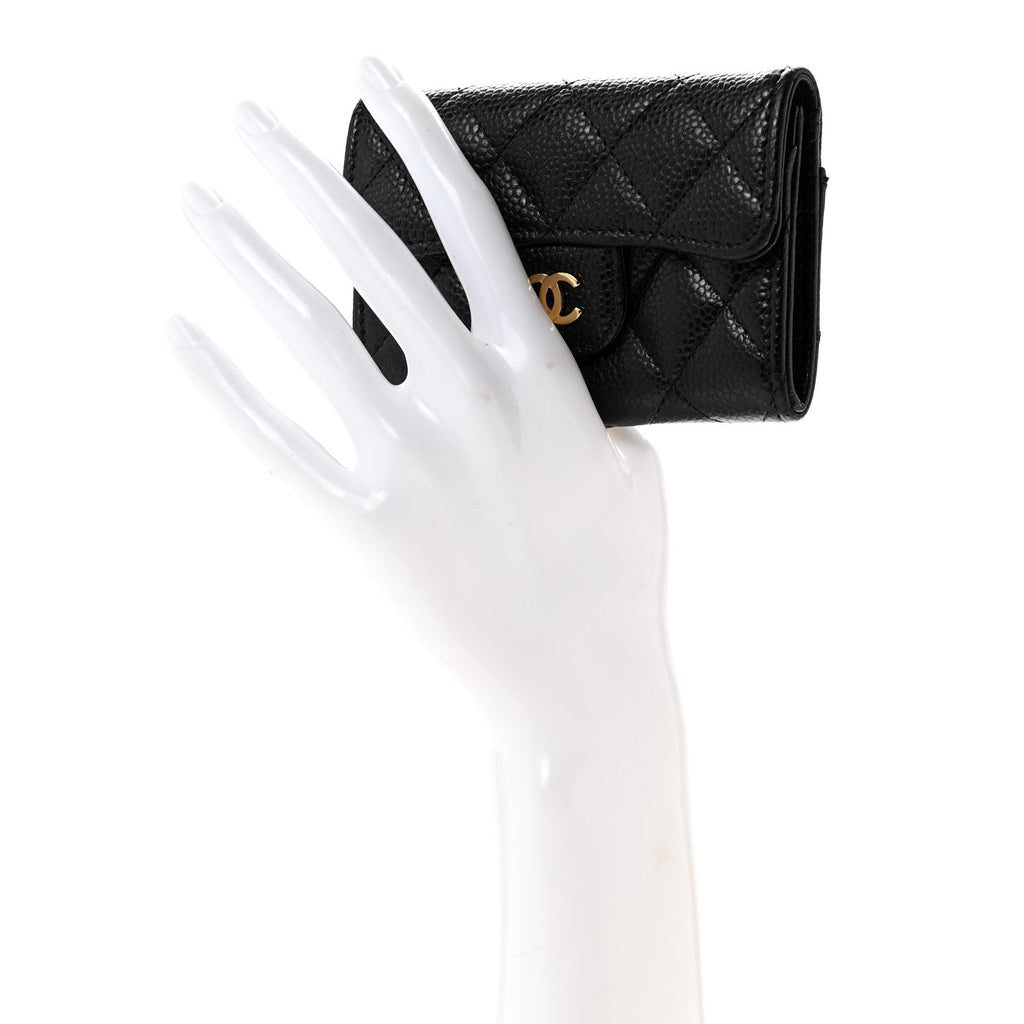 Caviar Quilted Flap Card Holder Wallet Black