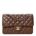 Lambskin Quilted Small Double Flap Dark Brown