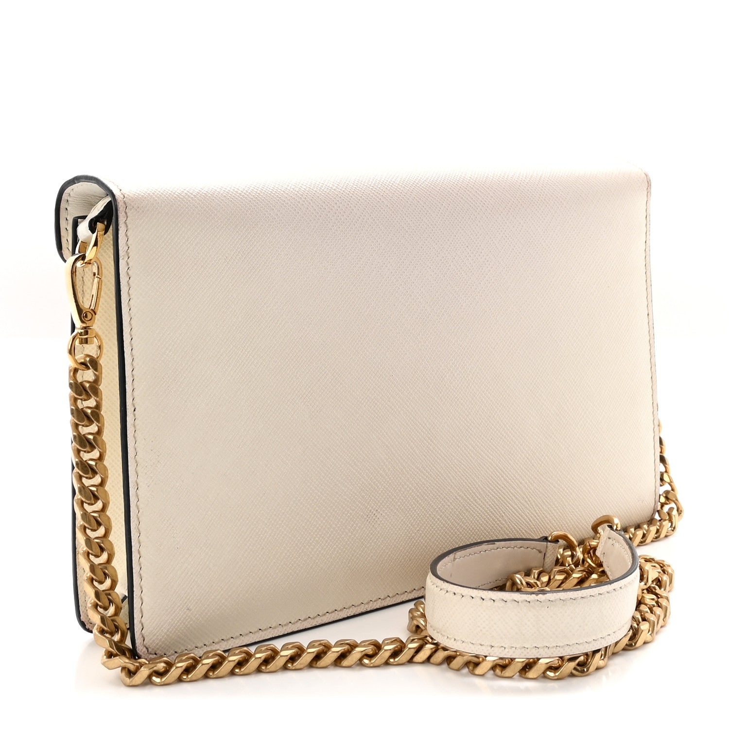 Saffiano Lux Metal Triangle Logo Mini Envelope Chain Shoulder Bag White