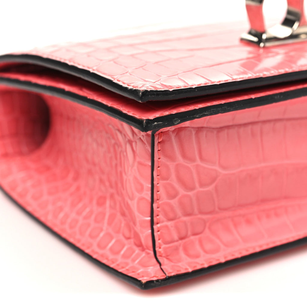 Shiny Crocodile Embossed Jeweled Satchel Pink
