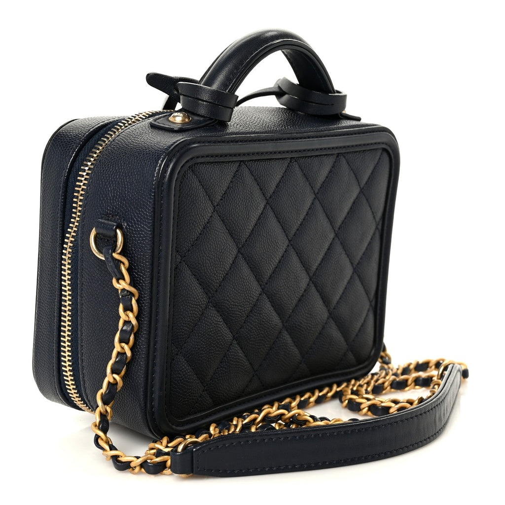 Caviar Quilted Small CC Filigree Vanity Case Navy