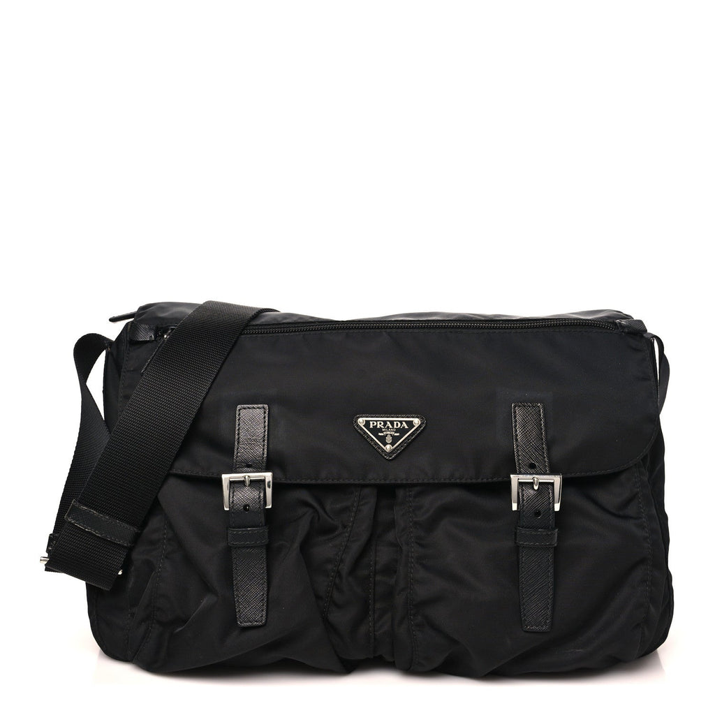 Tessuto Nylon Saffiano Double Buckle Messenger Shoulder Bag Black