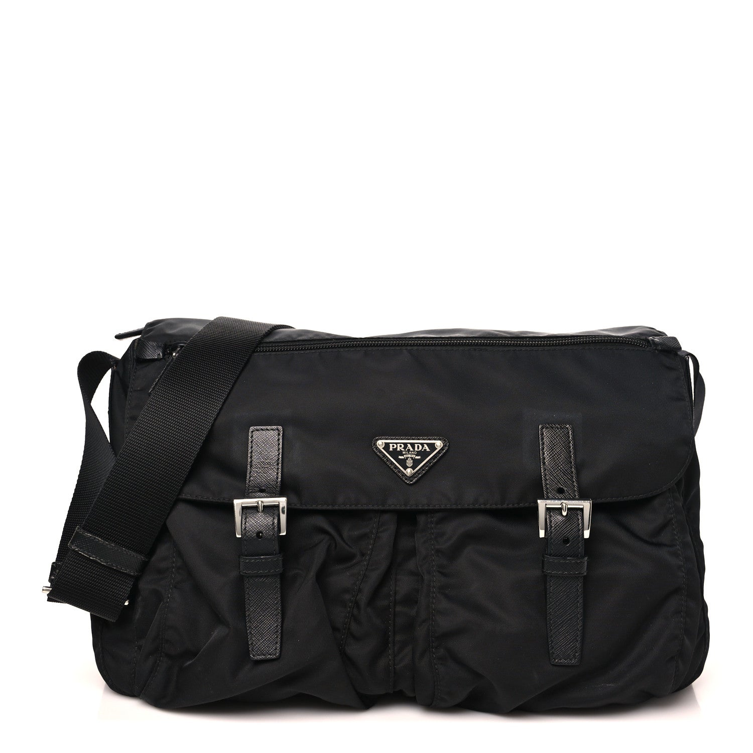 Tessuto Nylon Saffiano Double Buckle Messenger Shoulder Bag Black