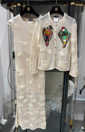 Chanel 17C crochet dress with parrot cardigan three pieces suit