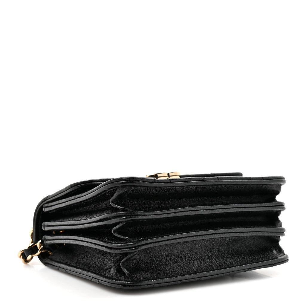 Lambskin Metal Quilted Top Handle Flap Clutch With Chain Black