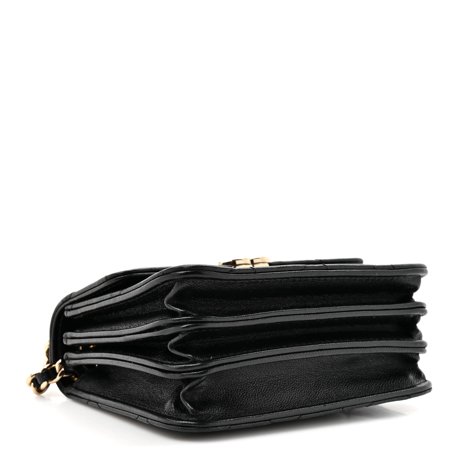 Lambskin Metal Quilted Top Handle Flap Clutch With Chain Black