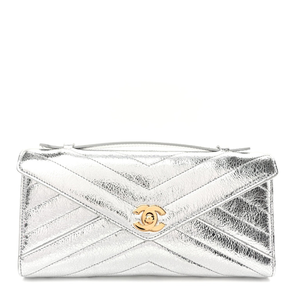 Metallic Aged Calfskin Chevron Quilted Top Handle Envelope Clutch Silver