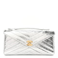 Metallic Aged Calfskin Chevron Quilted Top Handle Envelope Clutch Silver