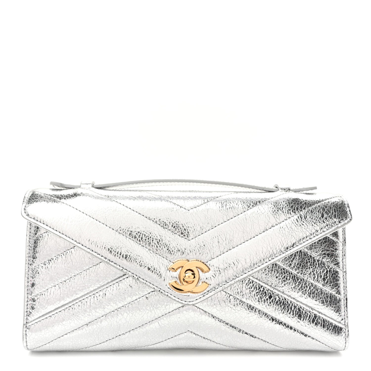 Metallic Aged Calfskin Chevron Quilted Top Handle Envelope Clutch Silver