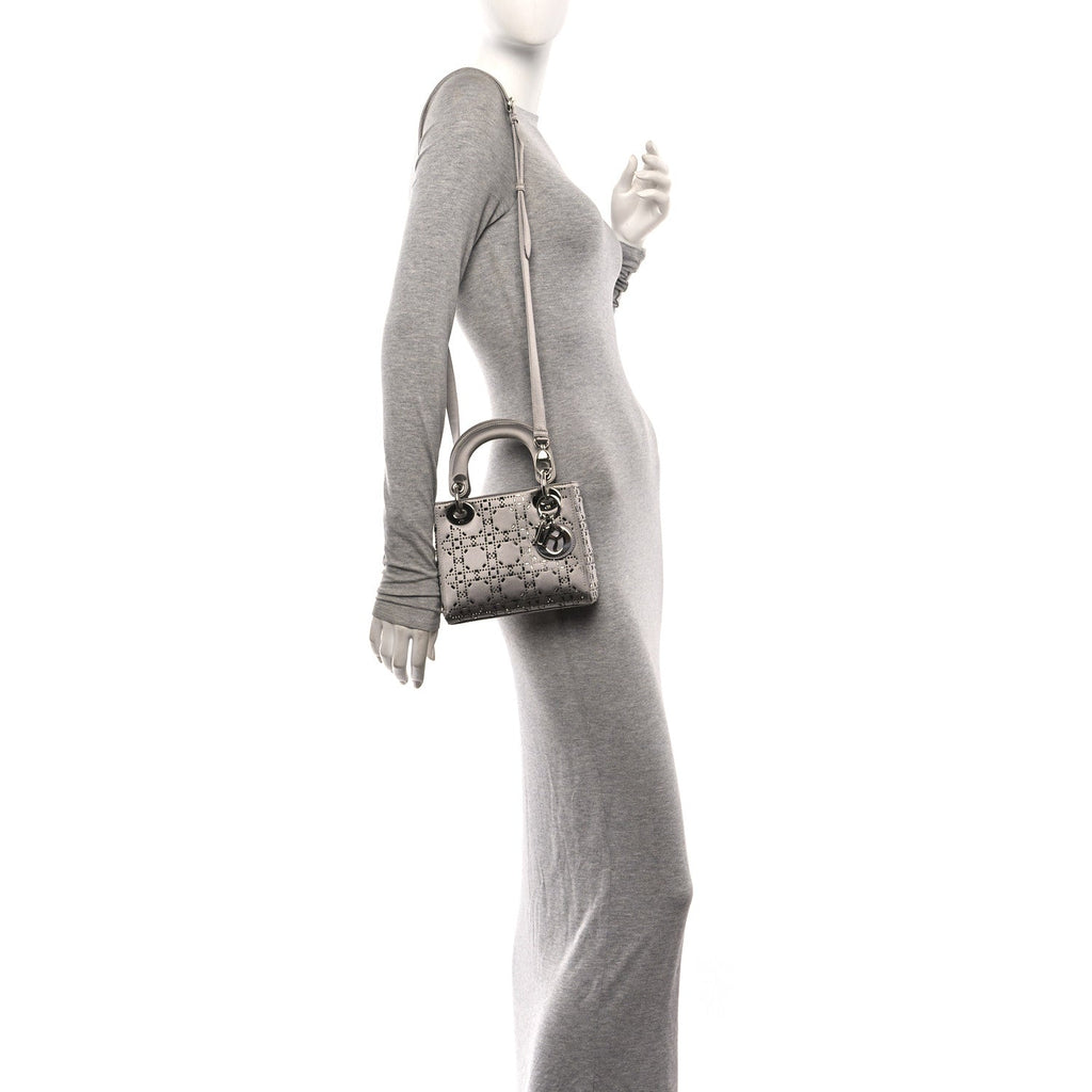 Satin Crystal Cannage Mini Lady Dior Gray