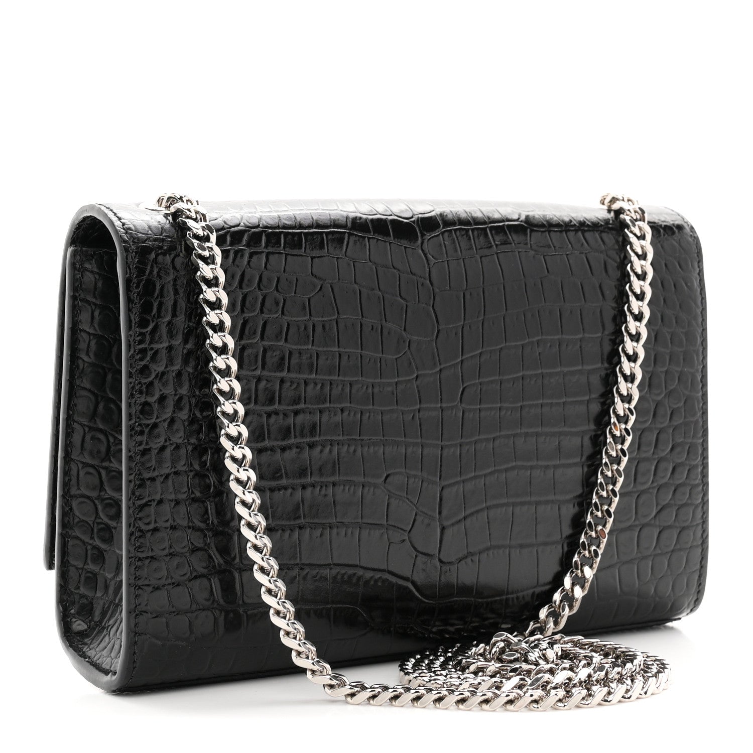 Calfskin Crocodile Embossed Small Classic Monogram Kate Tassel Satchel Black