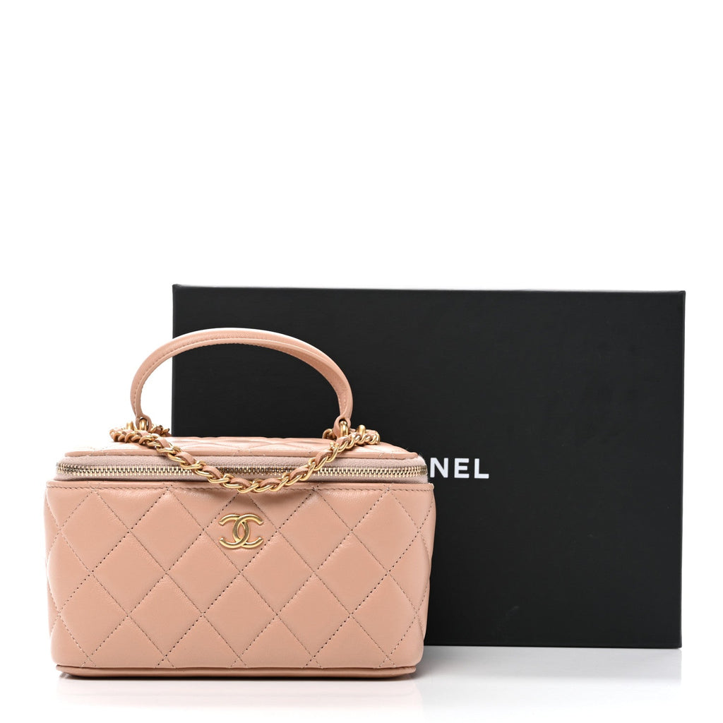 Lambskin Quilted Small Top Handle Vanity Case With Chain Beige