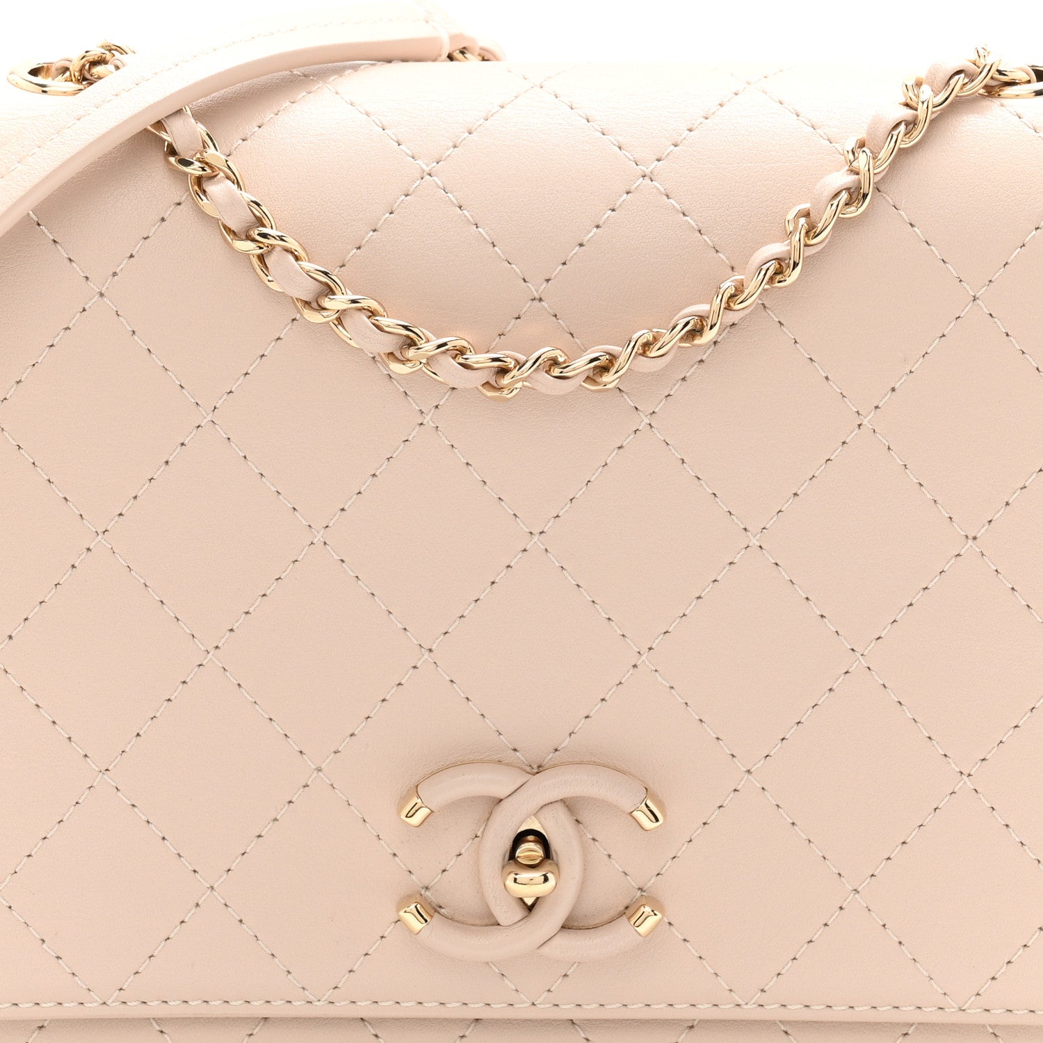 Calfskin Stitched Medium Covered CC Flap Bag Beige