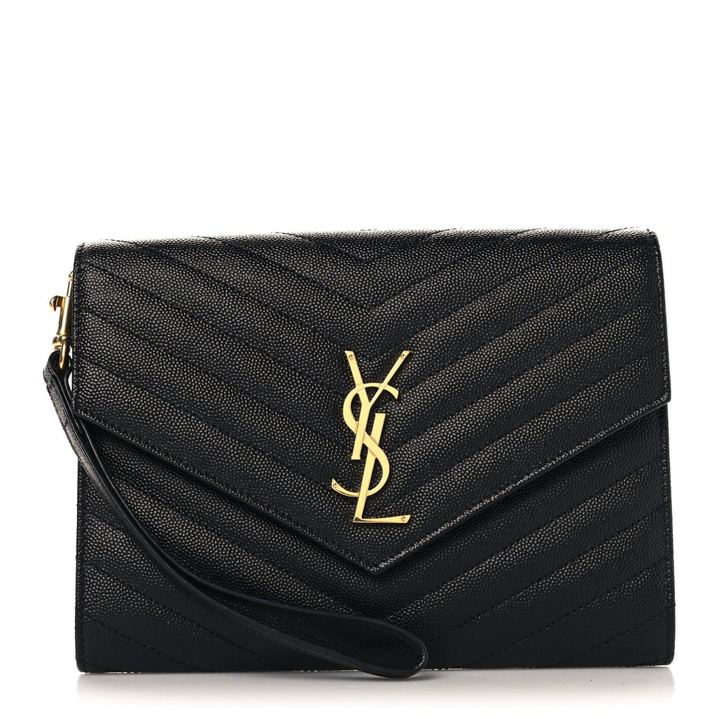 Grain De Poudre Matelasse Chevron Monogram Envelope Clutch Black